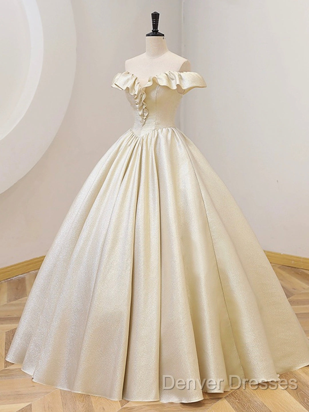 Champagne Off The Shoulder Floor Length Prom Dress, Elegant A-Line Evening Party Dress Secondary image