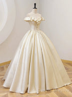 Champagne Off The Shoulder Floor Length Prom Dress, Elegant A-Line Evening Party Dress