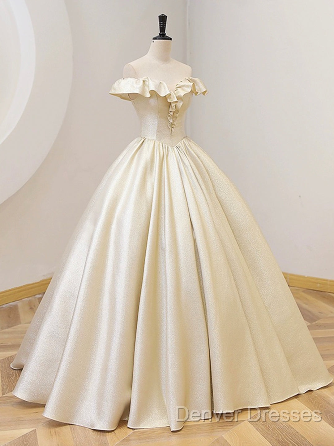 Champagne Off The Shoulder Floor Length Prom Dress, Elegant A-Line Evening Party Dress