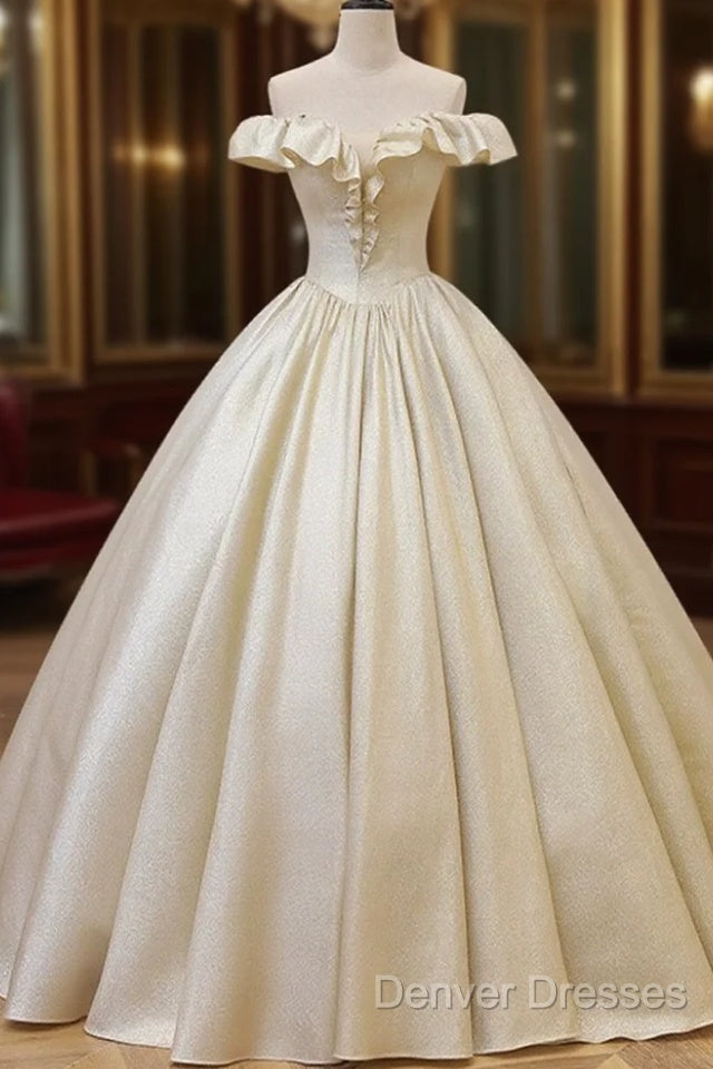 Champagne Off The Shoulder Floor Length Prom Dress, Elegant A-Line Evening Party Dress Main image