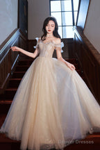 Champagne Off The Shoulder Lace Long Prom Dress, A-Line Evening Party Dress