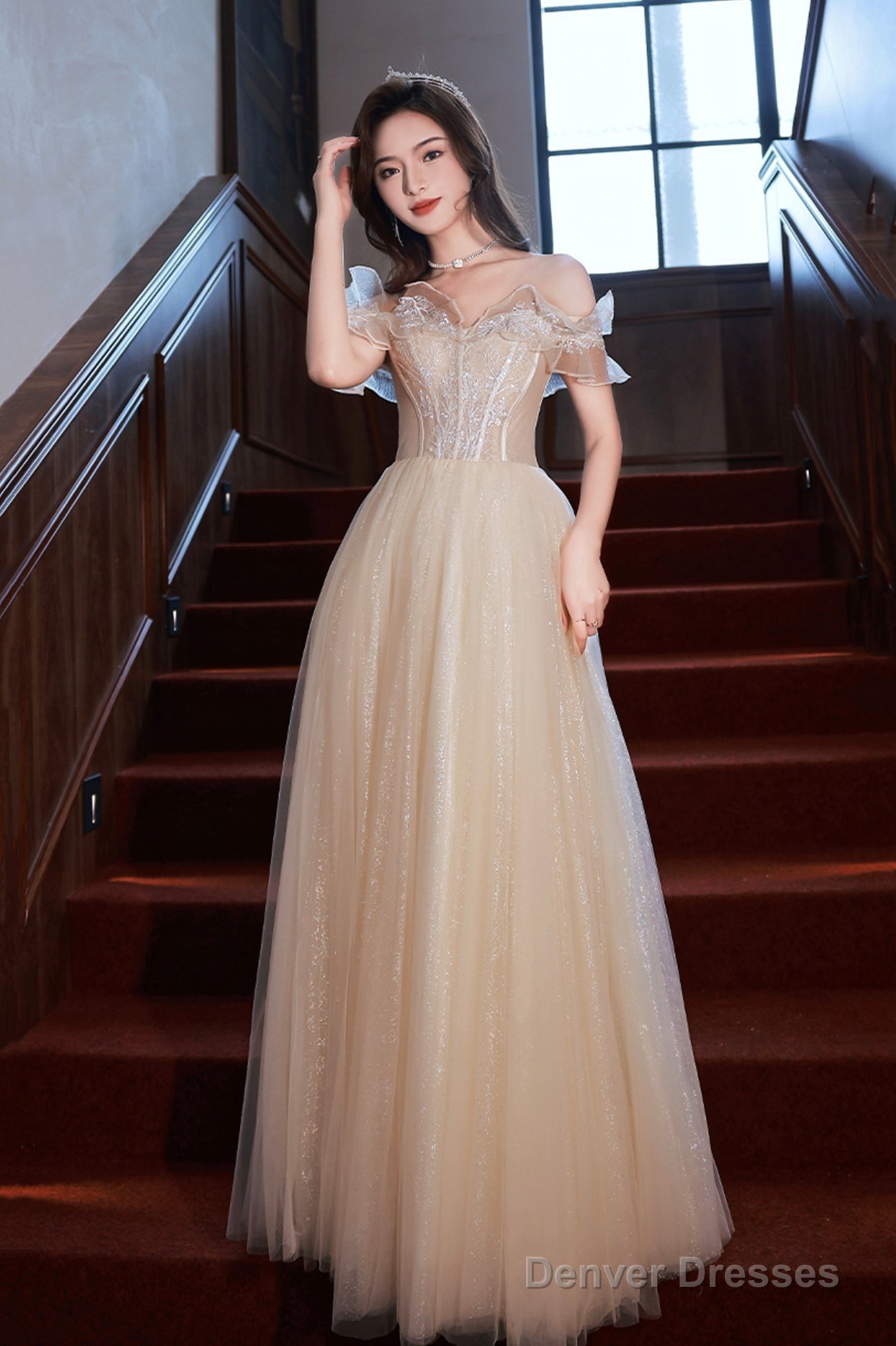 Champagne Off The Shoulder Lace Long Prom Dress, A-Line Evening Party Dress