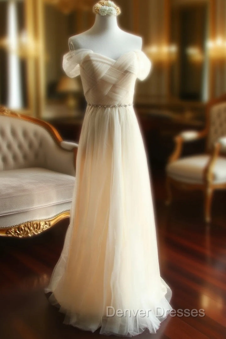 Champagne Off The Shoulder Tulle Bridesmaid Dress Main image