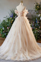 Champagne Off the Shoulder Tulle Floral Floor Length Long Prom Dress