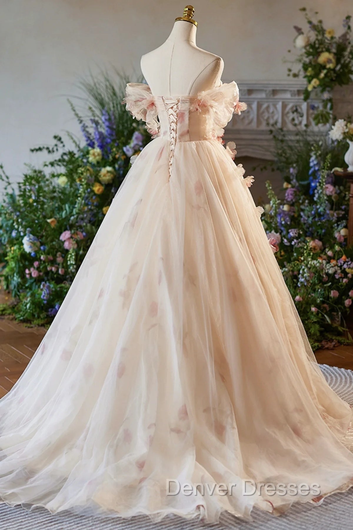 Champagne Off the Shoulder Tulle Floral Floor Length Long Prom Dress