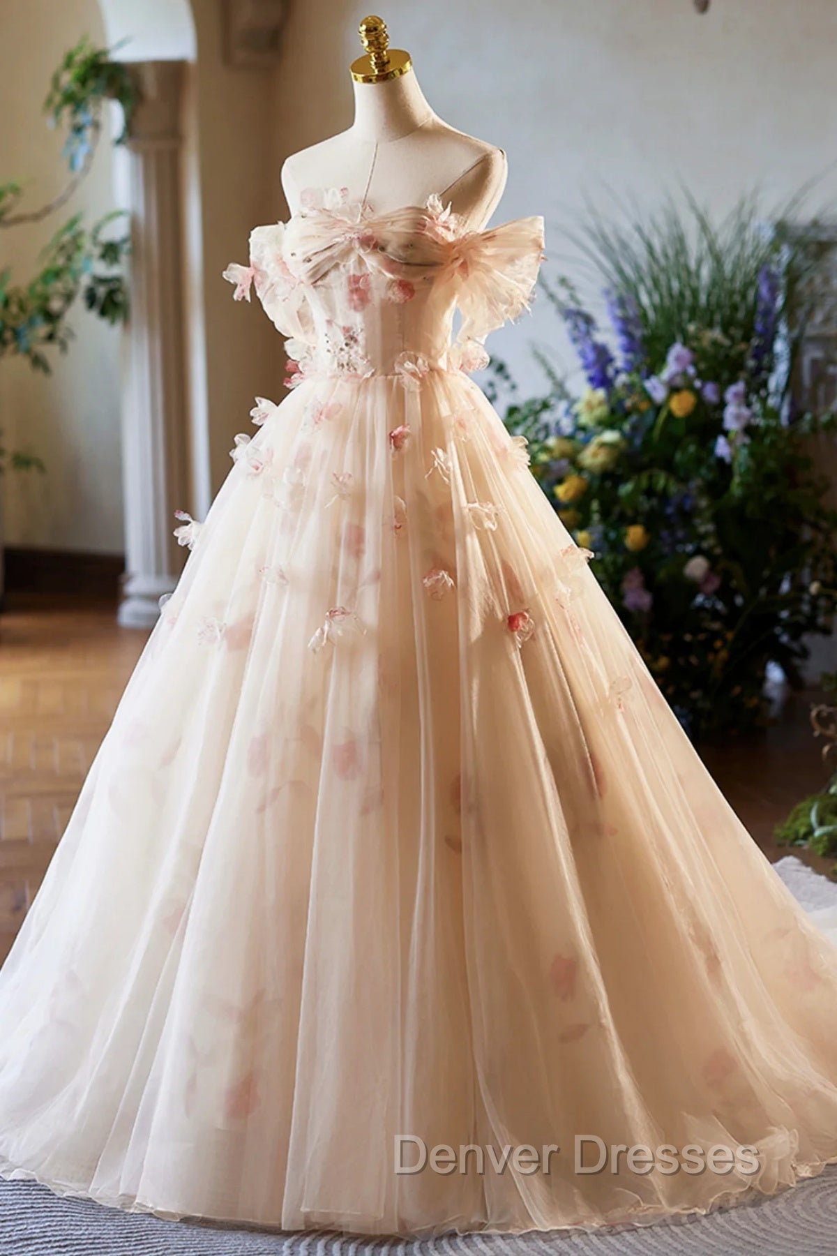 Champagne Off the Shoulder Tulle Floral Floor Length Long Prom Dress