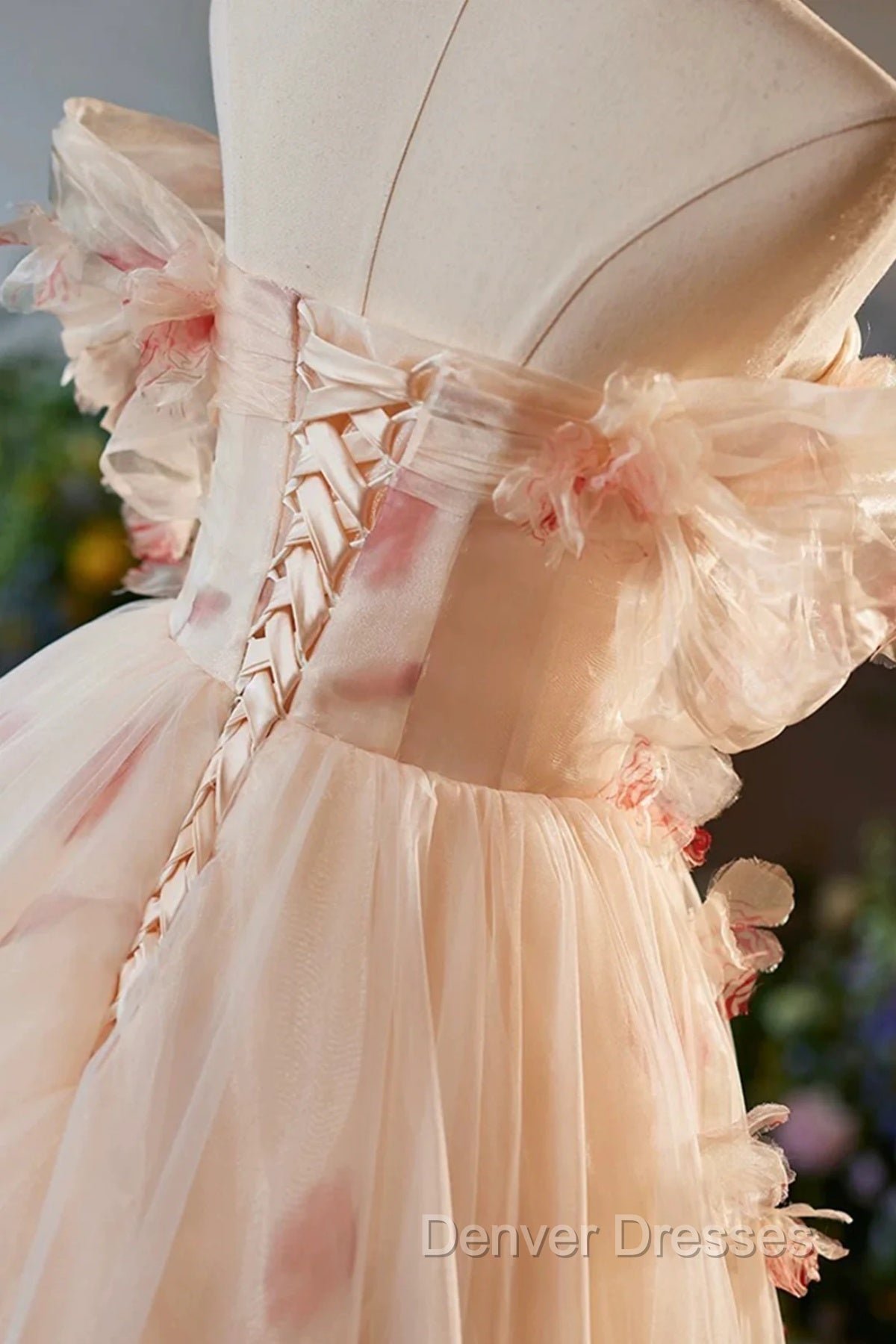 Champagne Off the Shoulder Tulle Floral Floor Length Long Prom Dress