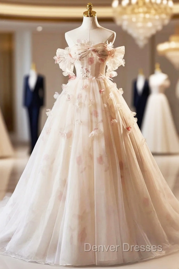 Champagne Off the Shoulder Tulle Floral Floor Length Long Prom Dress Main image