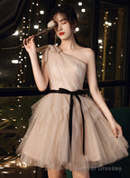 Champagne One Shoulder Tulle Short Party Dress, Short Homecoming Dresses