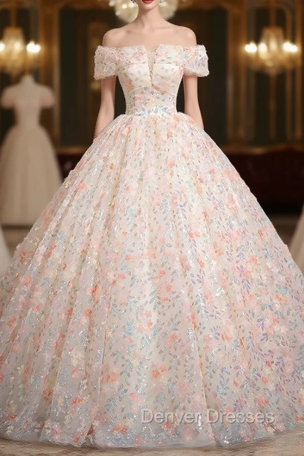 Champagne Pink Flower Sequins Off the Shoulder Quinceanera Dress Main image