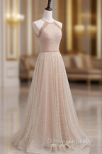 Champagne Pink Long Prom Dress, A Line Tulle Formal Dress Graduation Dress