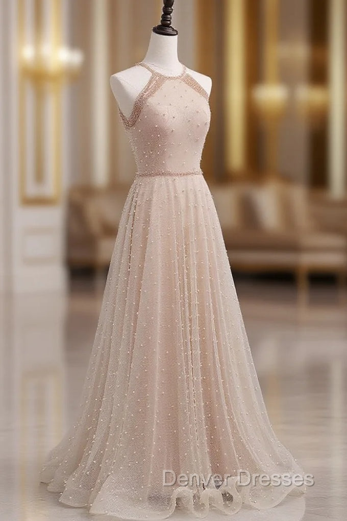 Champagne Pink Long Prom Dress, A Line Tulle Formal Dress Graduation Dress