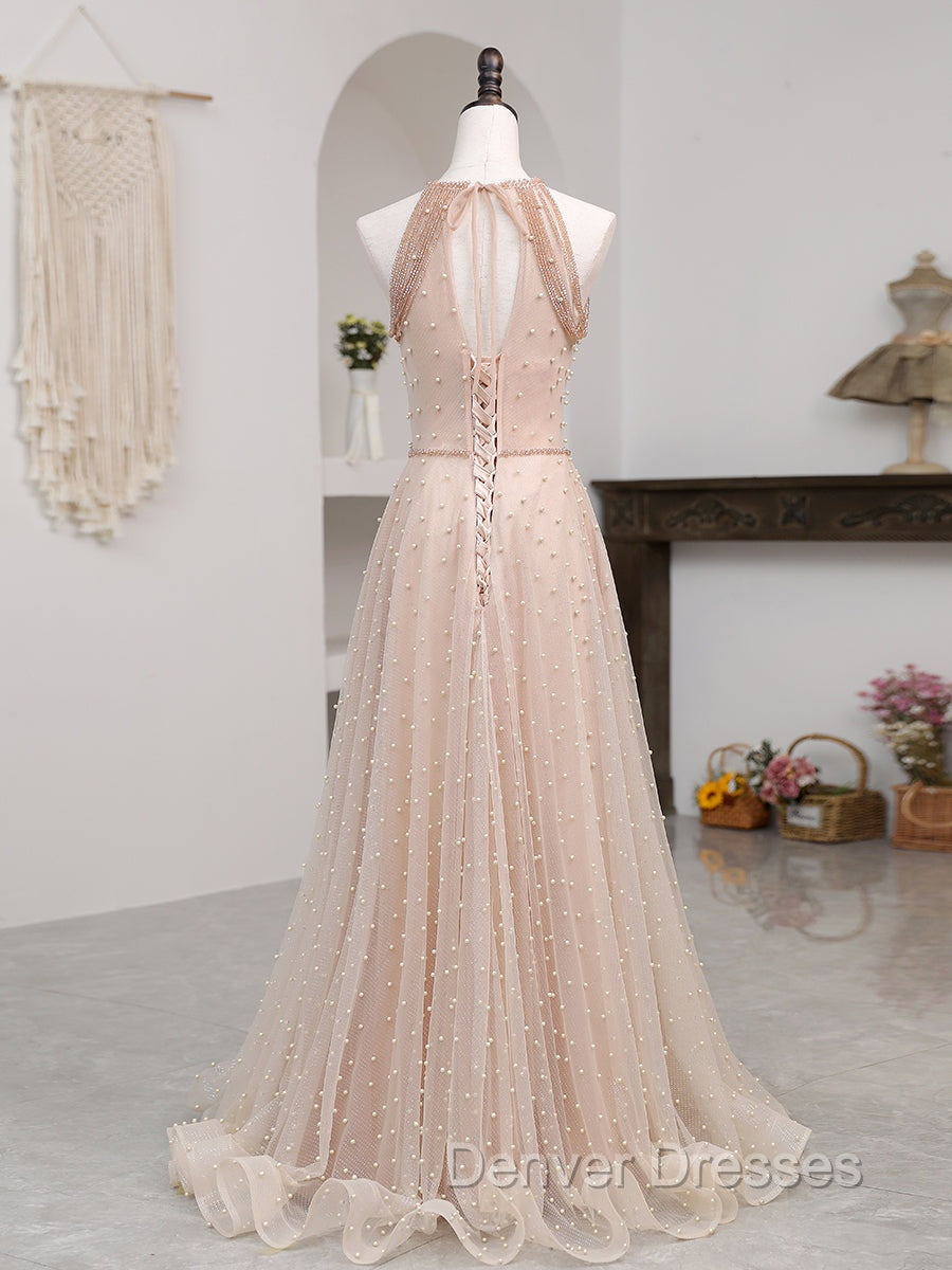 Champagne Pink Long Prom Dress, A Line Tulle Formal Dress Graduation Dress