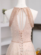 Champagne Pink Long Prom Dress, A Line Tulle Formal Dress Graduation Dress