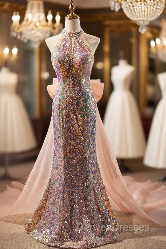 Champagne Pink Mermaid Sequins Beading Prom Dress