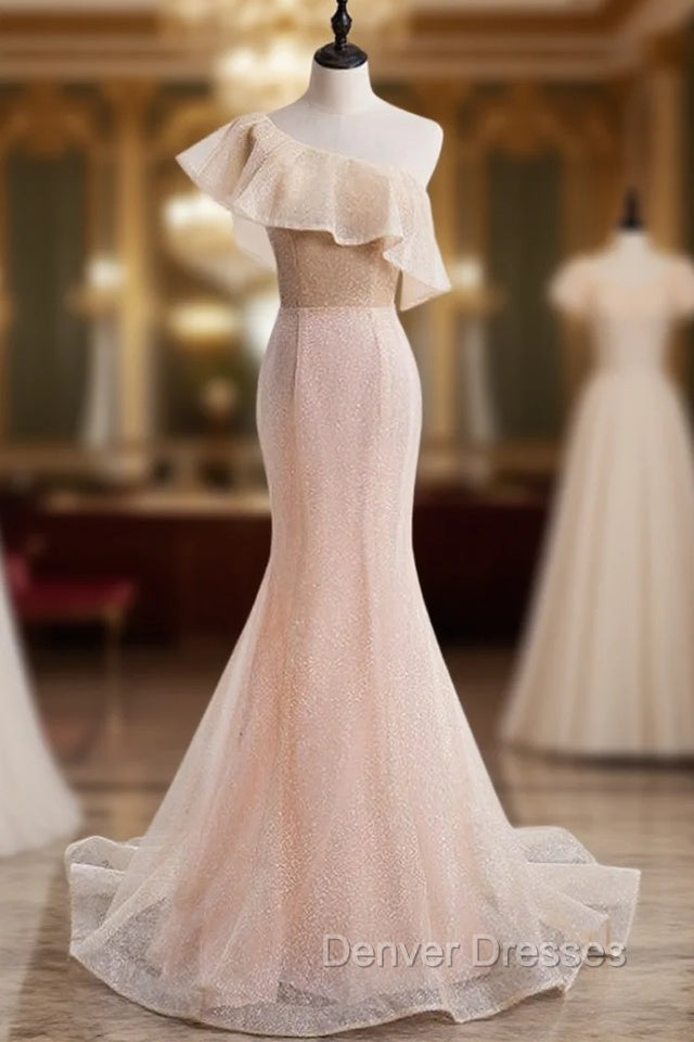 Champagne Pink Mermaid Sequins One Shoulder Prom Dress Main image