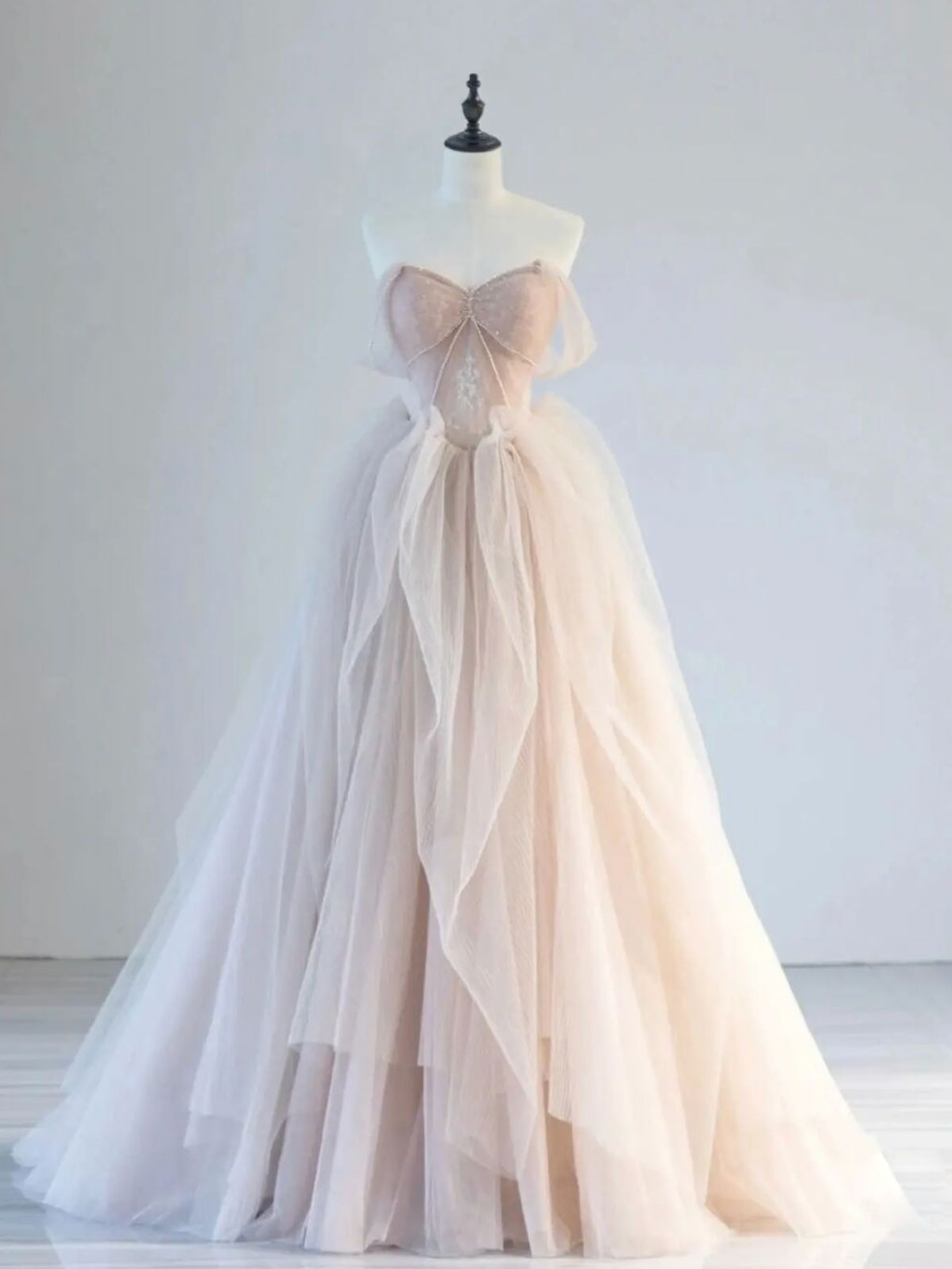 Champagne Pink Off Shoulder Tulle Lace Long Prom Dress, Champagne Formal Dress Main image
