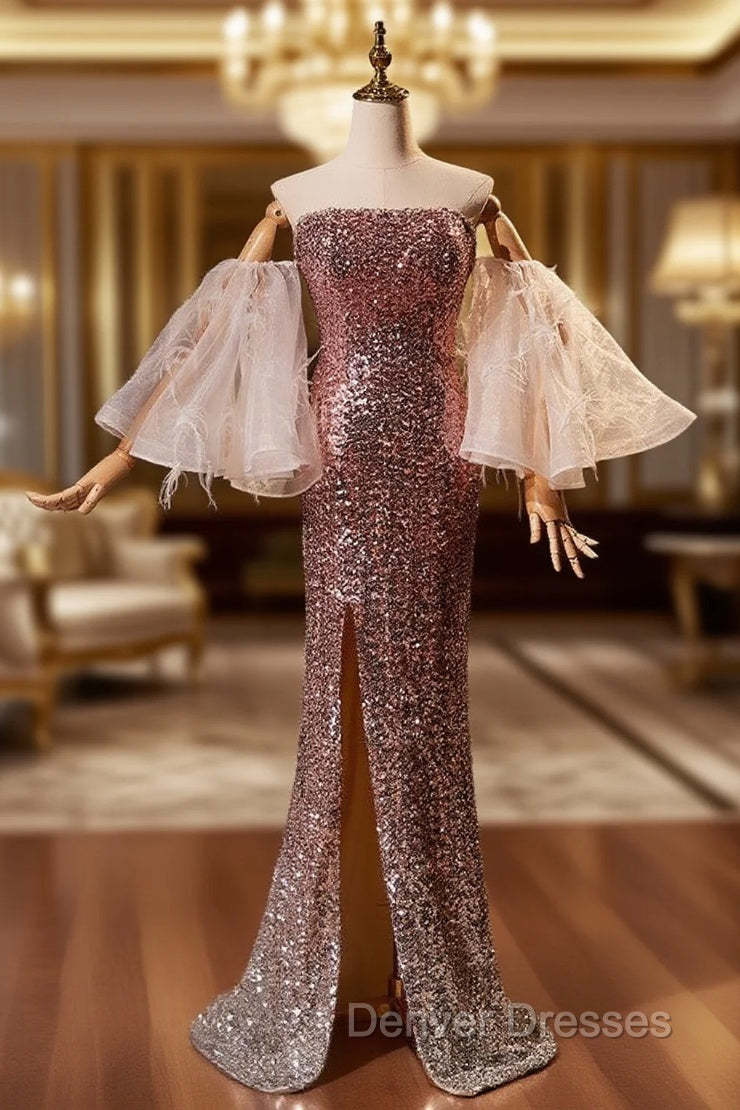Champagne Pink Sequins Mermaid Strapless Prom Dress Main image