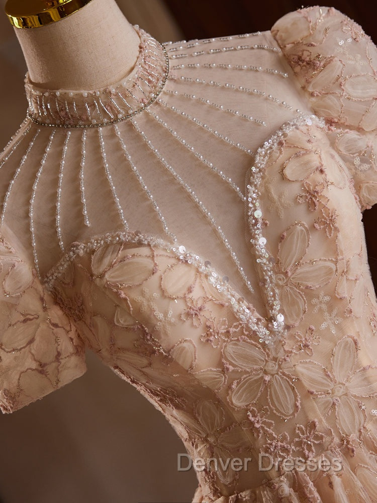 Champagne Pink Tulle Lace Tea Length Prom Dress with Beads