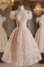 Champagne Pink Tulle Lace Tea Length Prom Dress with Beads