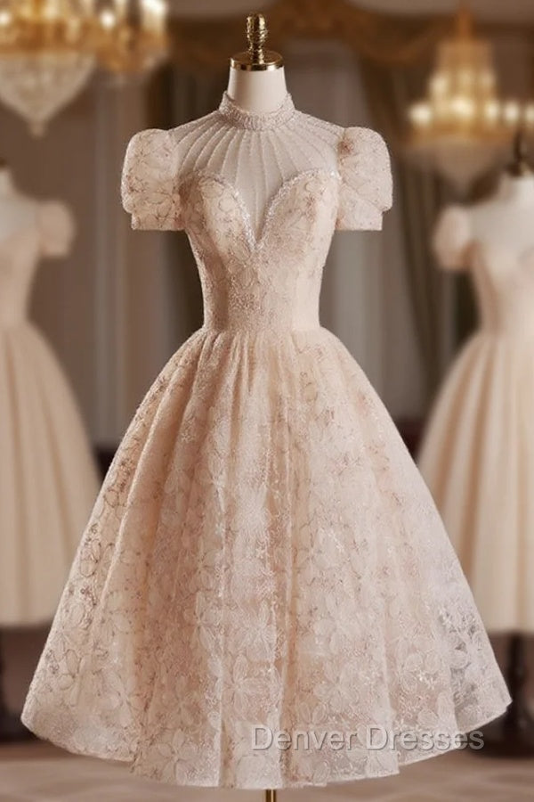 Champagne Pink Tulle Lace Tea Length Prom Dress with Beads Main image