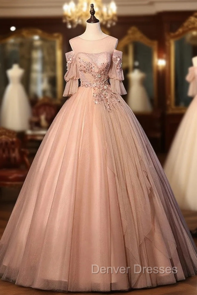 Champagne Pink Tulle Short Sleeve Appliques Beading Quinceanera Dress Main image