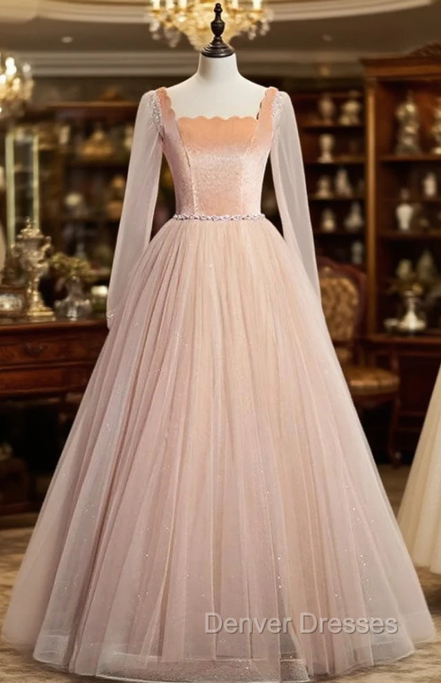 Champagne Pink Tulle Square Long Sleeve Prom Dress