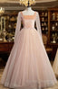 Champagne Pink Tulle Square Long Sleeve Prom Dress