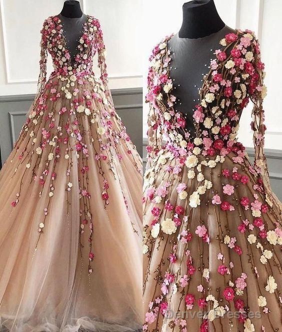 Champagne Prom Dress, 3D Flowers Prom Dress, Long Sleeve Prom Dress, Elegant Prom Dress