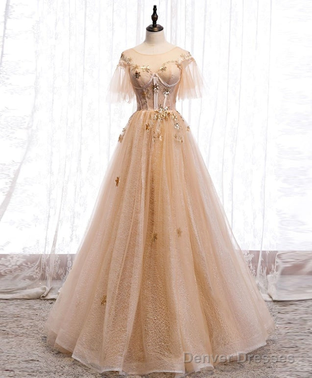 Champagne Puffy Sleeves Tulle Long Evening Dress Party Dress, A-Line Tulle Prom Dresses