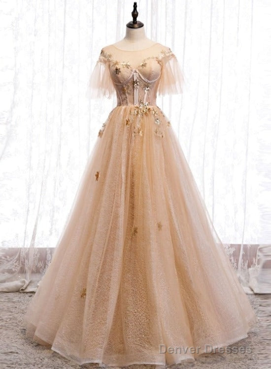 Champagne Puffy Sleeves Tulle Long Evening Dress Party Dress, A-Line Tulle Prom Dresses Main image