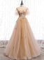 Champagne Puffy Sleeves Tulle Long Evening Dress Party Dress, A-Line Tulle Prom Dresses