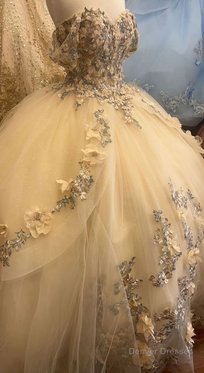 Champagne Quince Dress with Flowers Sweet 16 Dresses Off the Shoulder Ball Gown Main image