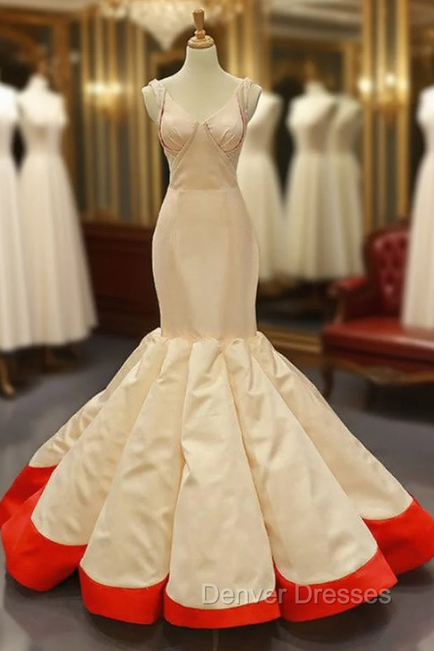 Champagne Red Mermaid Satin V-neck Pleats Prom Dress