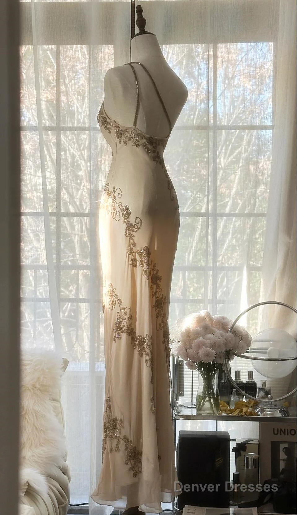 Champagne Retro Bodycon Dress Chiffon One Shoulder Beaded Long Prom Dress Graduation Prom Dress