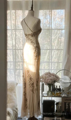 Champagne Retro Bodycon Dress Chiffon One Shoulder Beaded Long Prom Dress Graduation Prom Dress