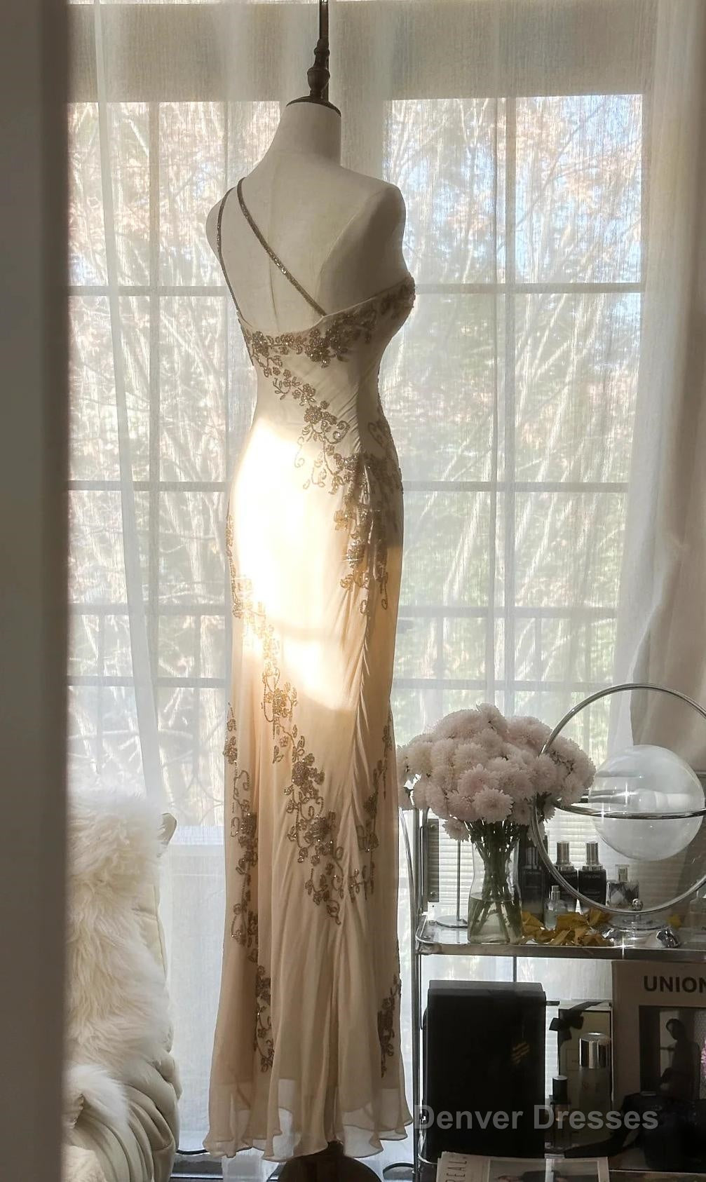 Champagne Retro Bodycon Dress Chiffon One Shoulder Beaded Long Prom Dress Graduation Prom Dress