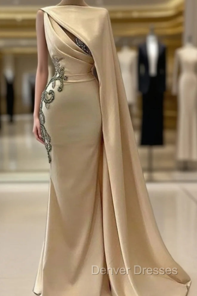 Champagne Robe De Soiree Sheath Floor Length Satin Beaded Long Prom Dress Prom Gown Evening Dress Main image