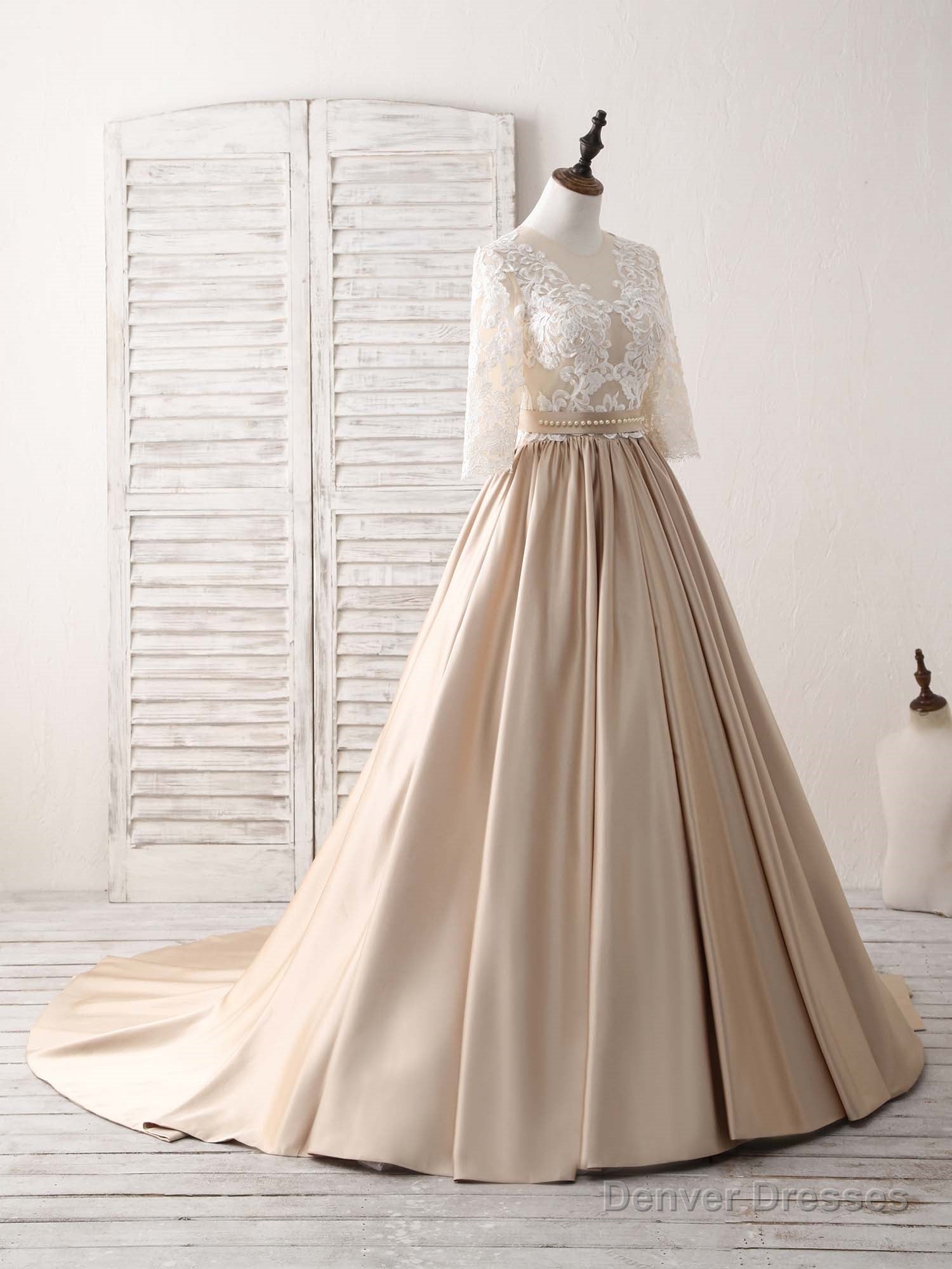 Champagne Round Neck Satin Lace Long Prom Dress, Evening Dress Main image