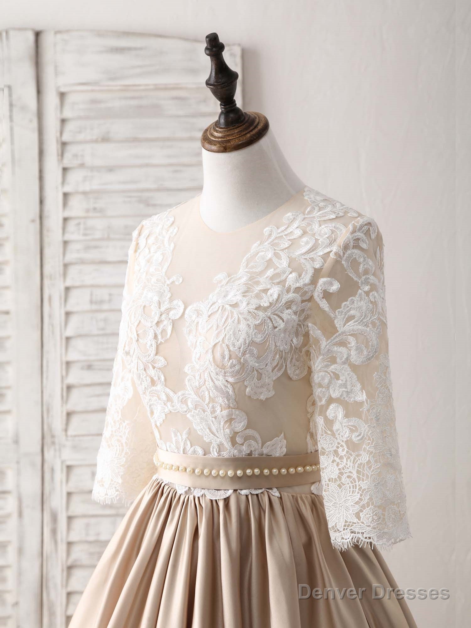 Champagne Round Neck Satin Lace Long Prom Dress, Evening Dress