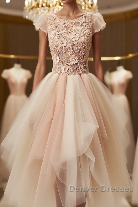 Champagne round neck tulle beads short prom Dress, homecoming Dress