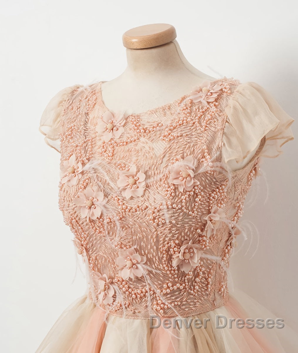 Champagne round neck tulle beads short prom Dress, homecoming Dress