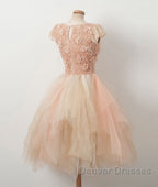 Champagne round neck tulle beads short prom Dress, homecoming Dress