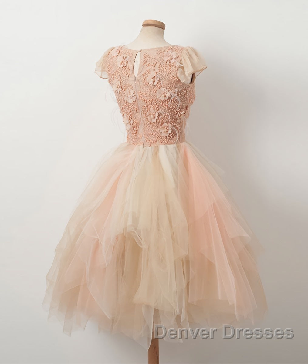 Champagne round neck tulle beads short prom Dress, homecoming Dress