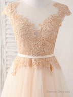 Champagne Round Neck Tulle Lace Applique Long Prom Dress
