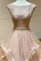 Champagne round neck tulle lace long prom Dress evening Dress