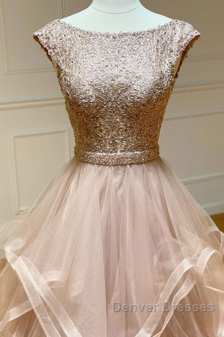 Champagne round neck tulle lace long prom Dress evening Dress