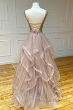 Champagne round neck tulle lace long prom Dress evening Dress