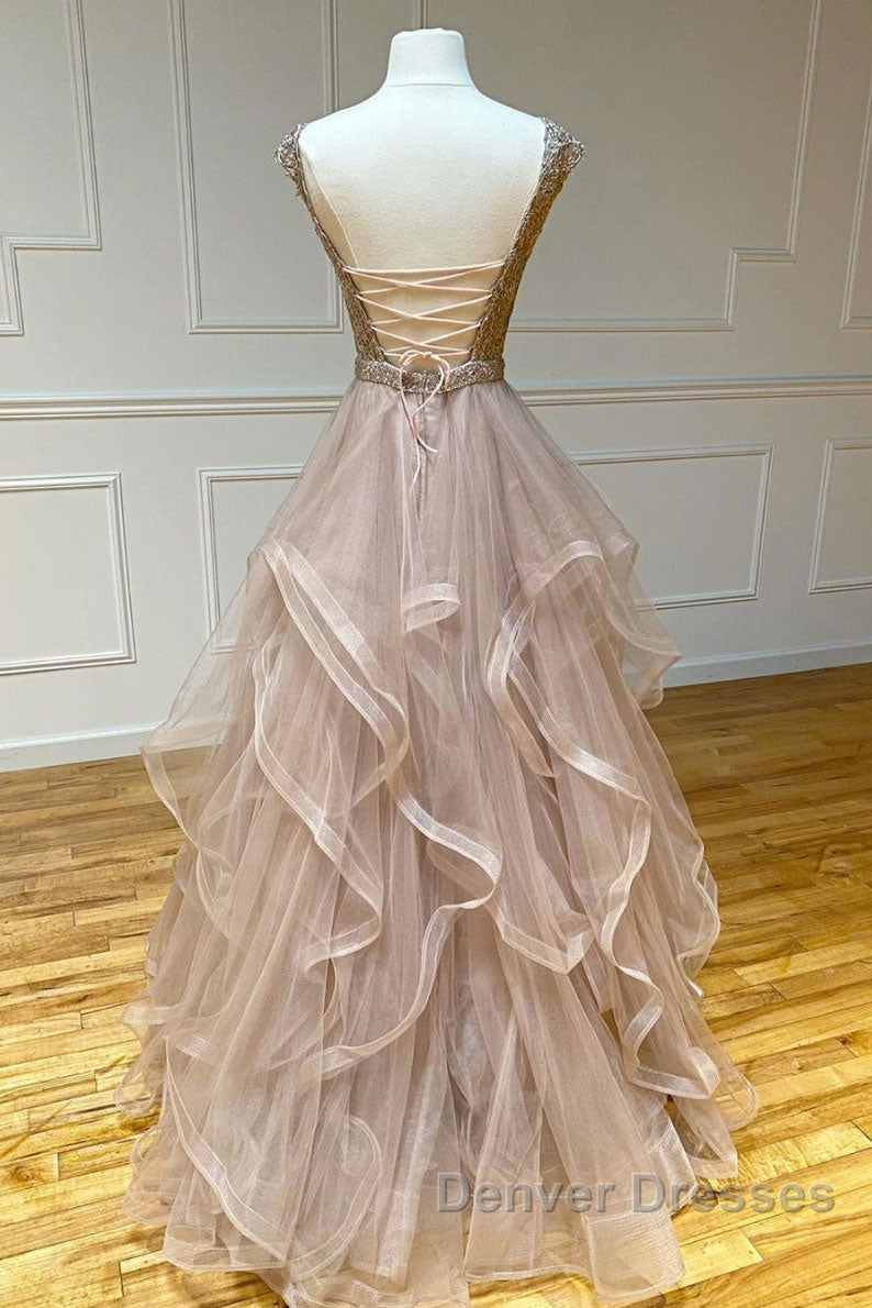 Champagne round neck tulle lace long prom Dress evening Dress