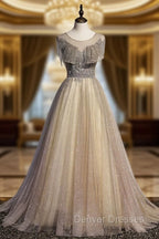 Champagne Round Neck Tulle Sequin Long Prom Dress Tulle Formal Dress